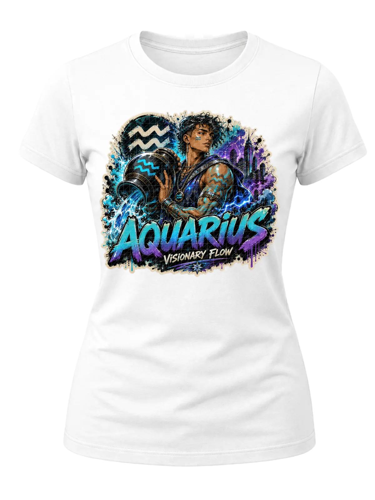 Aquarius Visionary Flow Zodiac Shirt design with water bearer, flowing blue water, Aquarius symbols, purple city lights, and graffiti text