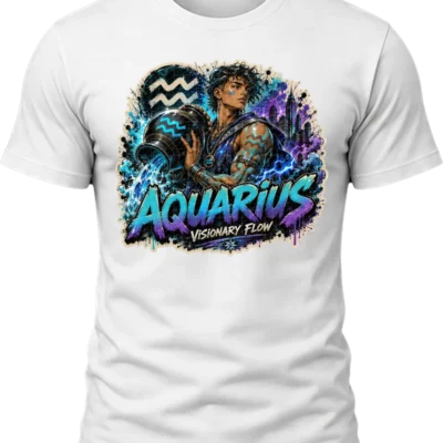 Aquarius Visionary Flow Zodiac Shirt design with water bearer, flowing blue water, Aquarius symbols, purple city lights, and graffiti text