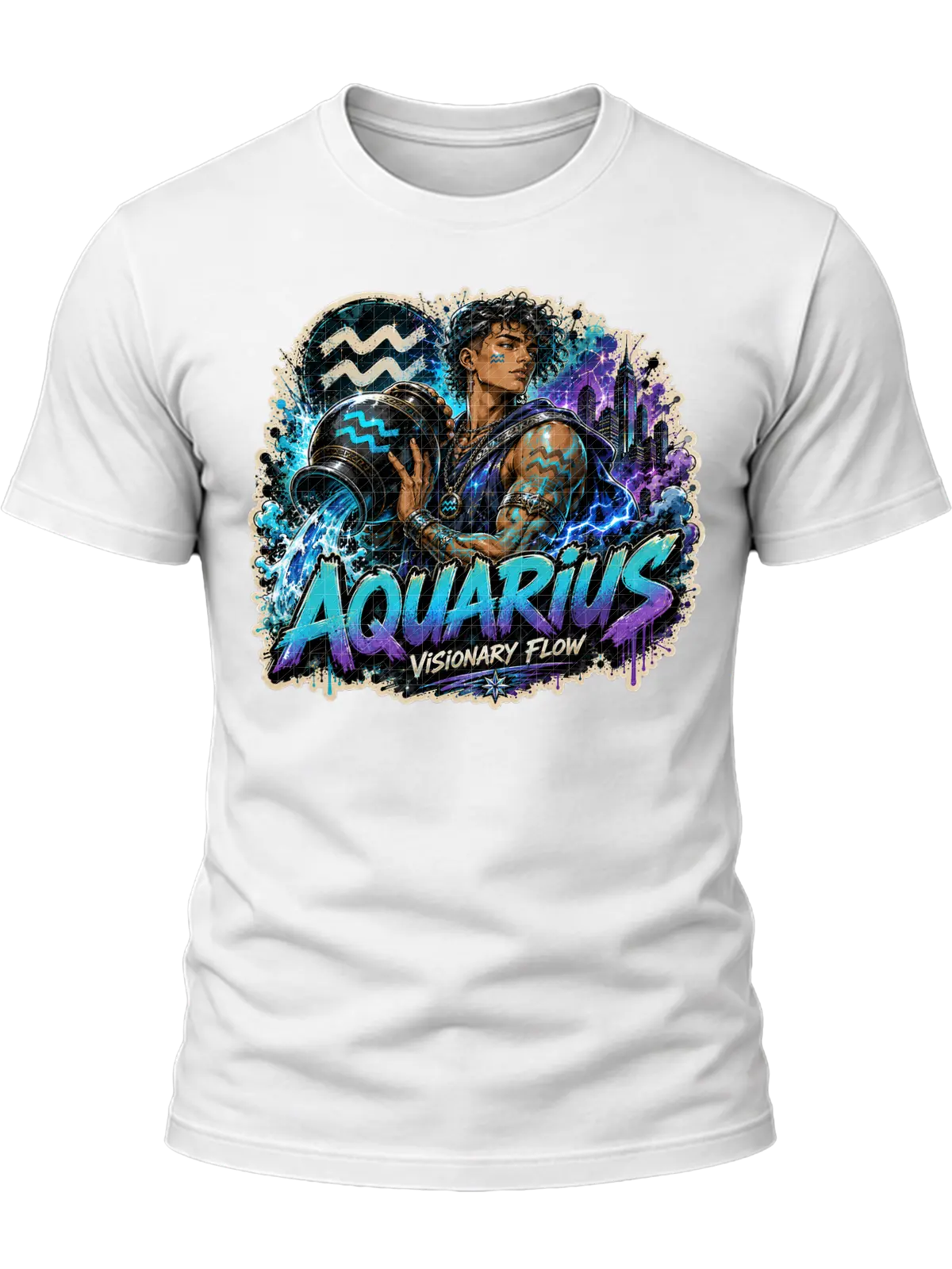 Aquarius Visionary Flow Zodiac Shirt design with water bearer, flowing blue water, Aquarius symbols, purple city lights, and graffiti text