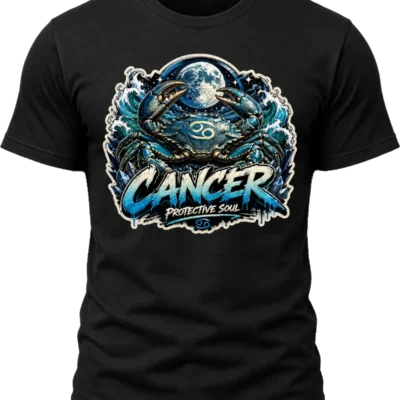 Cancer Protective Soul Zodiac Shirt design with large crab, full moon, crashing blue waves, Cancer glyphs, and blue graffiti text