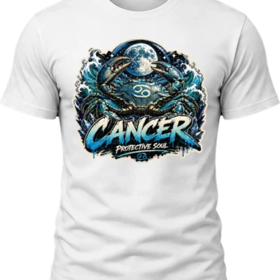 Cancer Protective Soul Zodiac Shirt design with large crab, full moon, crashing blue waves, Cancer glyphs, and blue graffiti text