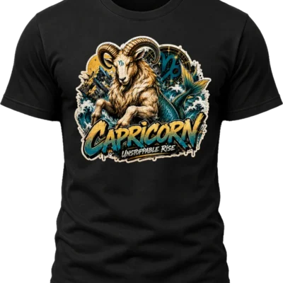 Capricorn Unstoppable Rise Zodiac Shirt design with horned sea-goat, fish tail, mountain peaks, waves, Capricorn glyphs, and graffiti text