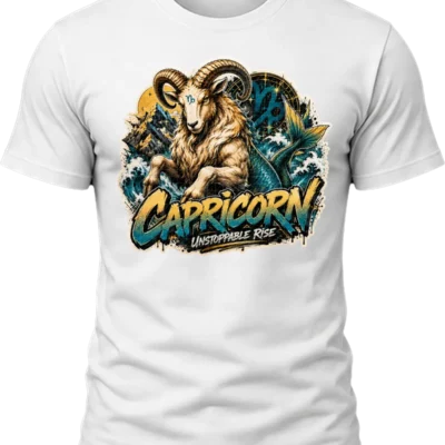 Capricorn Unstoppable Rise Zodiac Shirt design with horned sea-goat, fish tail, mountain peaks, waves, Capricorn glyphs, and graffiti text