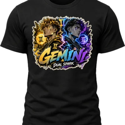 Gemini Dual Spark Zodiac Shirt design with two twin figures, Gemini symbols, gold and purple lightning, stars, and bold graffiti text