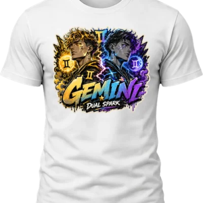 Gemini Dual Spark Zodiac Shirt design with two twin figures, Gemini symbols, gold and purple lightning, stars, and bold graffiti text