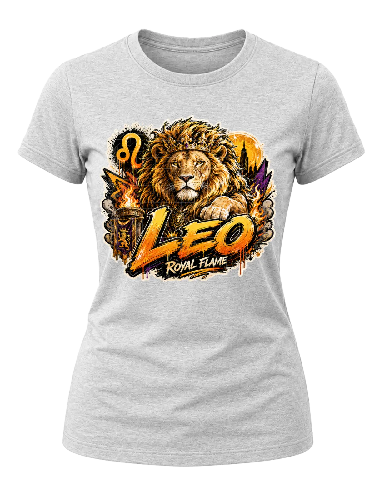 Leo Royal Flame Zodiac Shirt design with crowned lion, orange flames, Leo glyph, dark city details, and gold-orange graffiti text