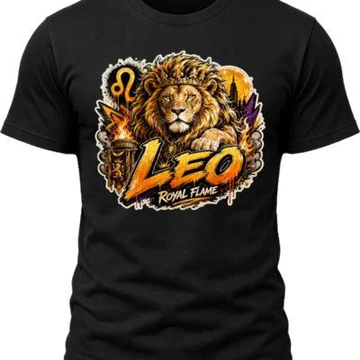 Leo Royal Flame Zodiac Shirt design with crowned lion, orange flames, Leo glyph, dark city details, and gold-orange graffiti text