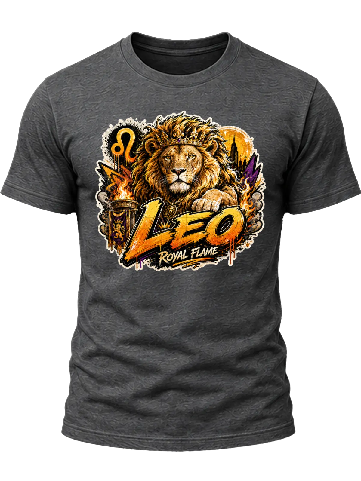 Leo Royal Flame Zodiac Shirt design with crowned lion, orange flames, Leo glyph, dark city details, and gold-orange graffiti text