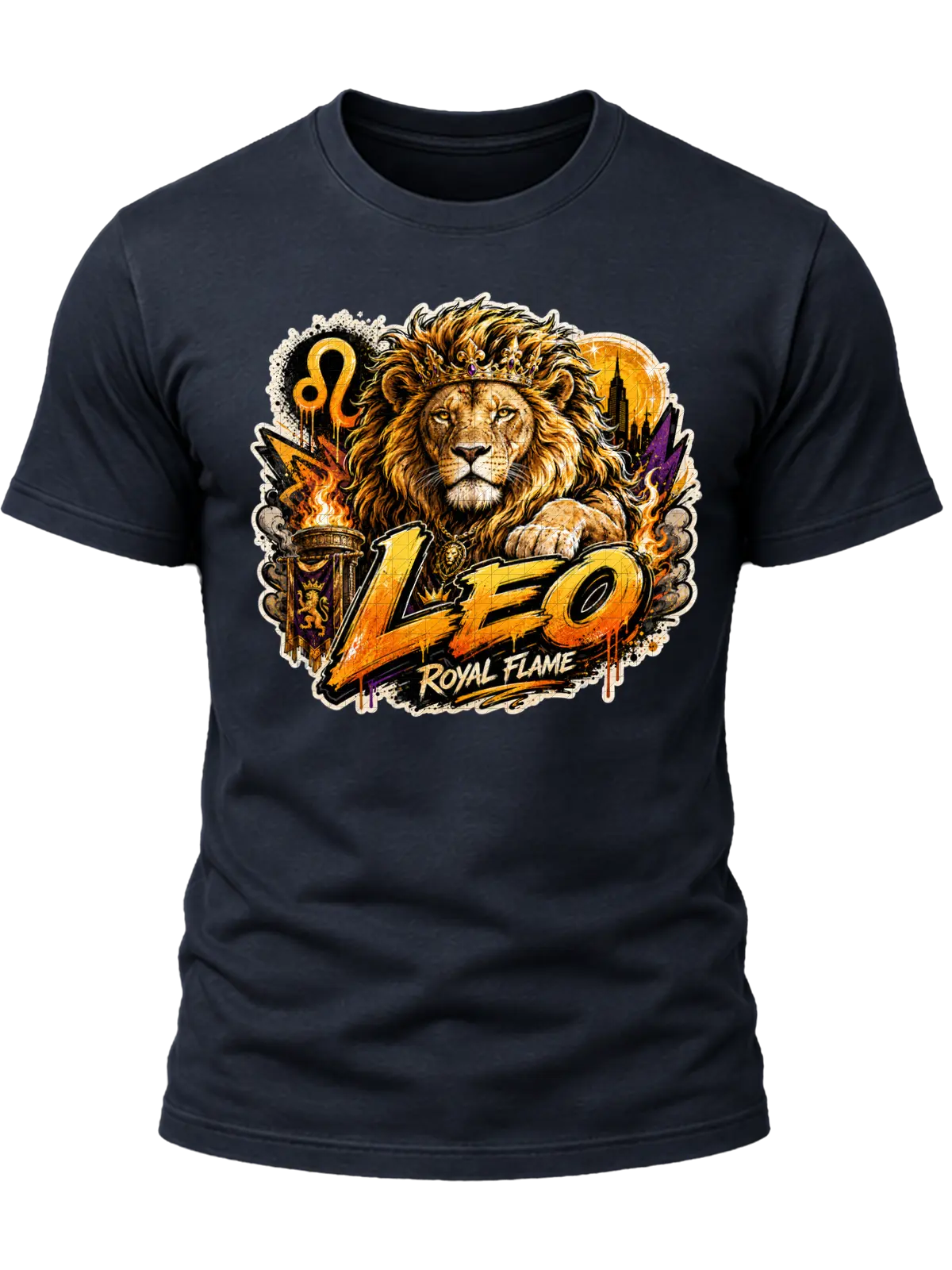 Leo Royal Flame Zodiac Shirt design with crowned lion, orange flames, Leo glyph, dark city details, and gold-orange graffiti text