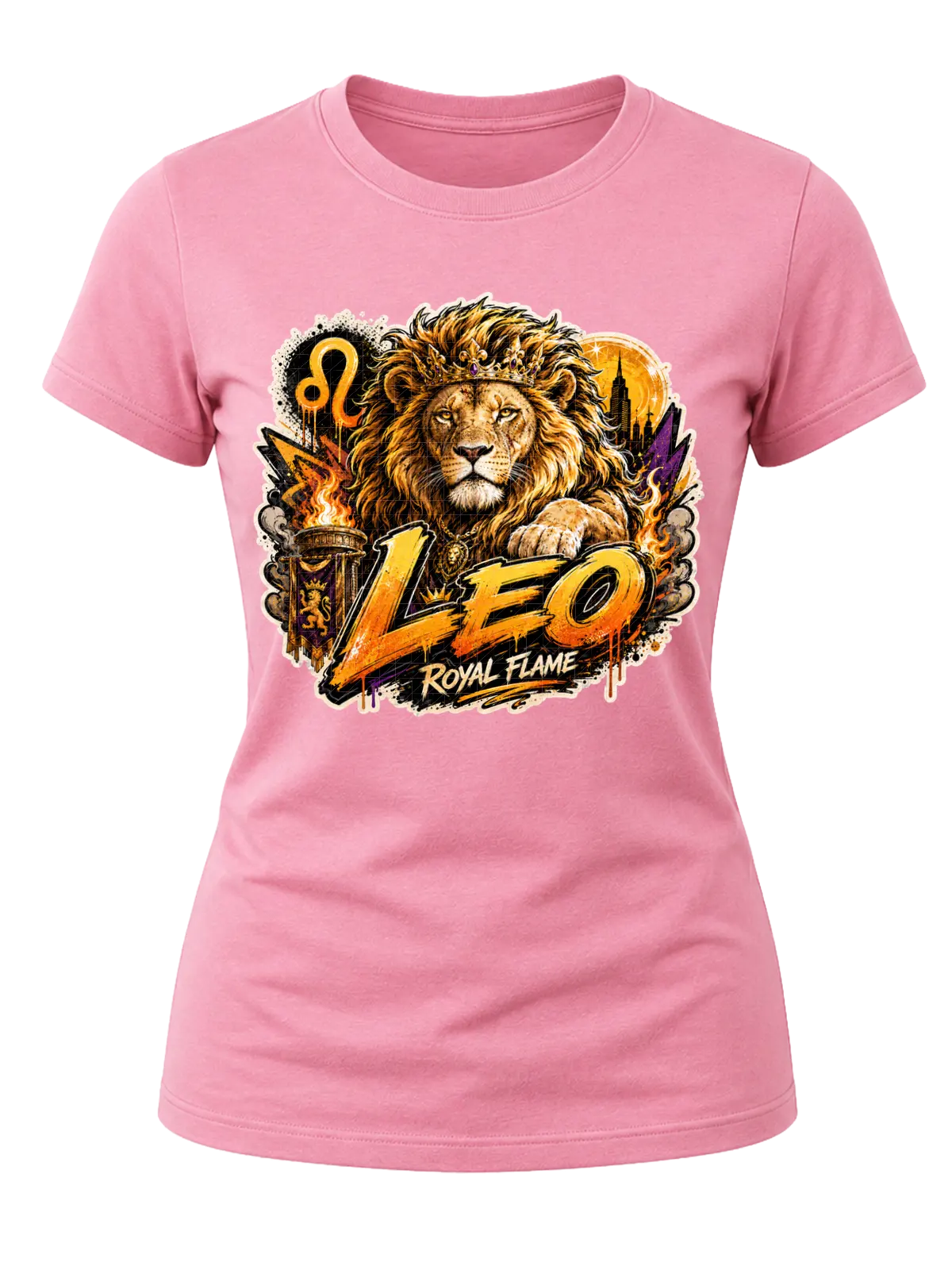 Leo Royal Flame Zodiac Shirt design with crowned lion, orange flames, Leo glyph, dark city details, and gold-orange graffiti text