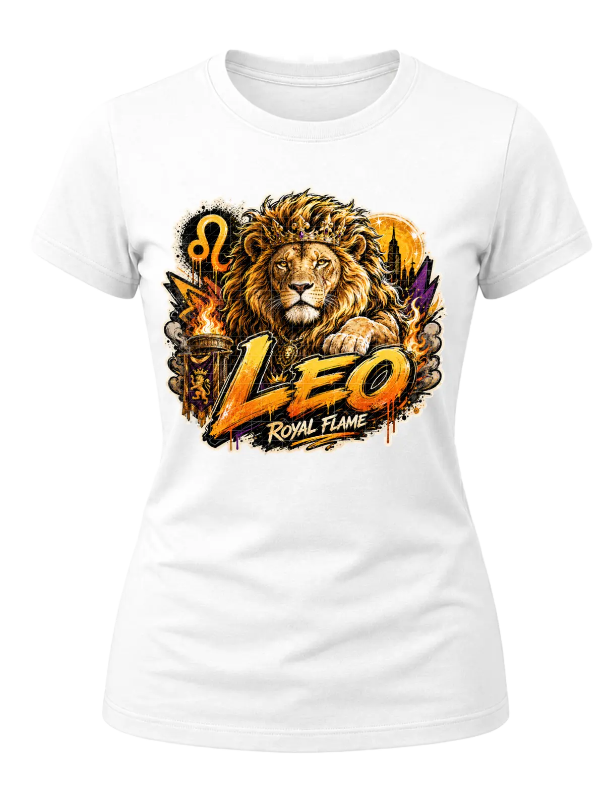 Leo Royal Flame Zodiac Shirt design with crowned lion, orange flames, Leo glyph, dark city details, and gold-orange graffiti text