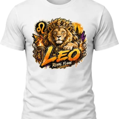 Leo Royal Flame Zodiac Shirt design with crowned lion, orange flames, Leo glyph, dark city details, and gold-orange graffiti text