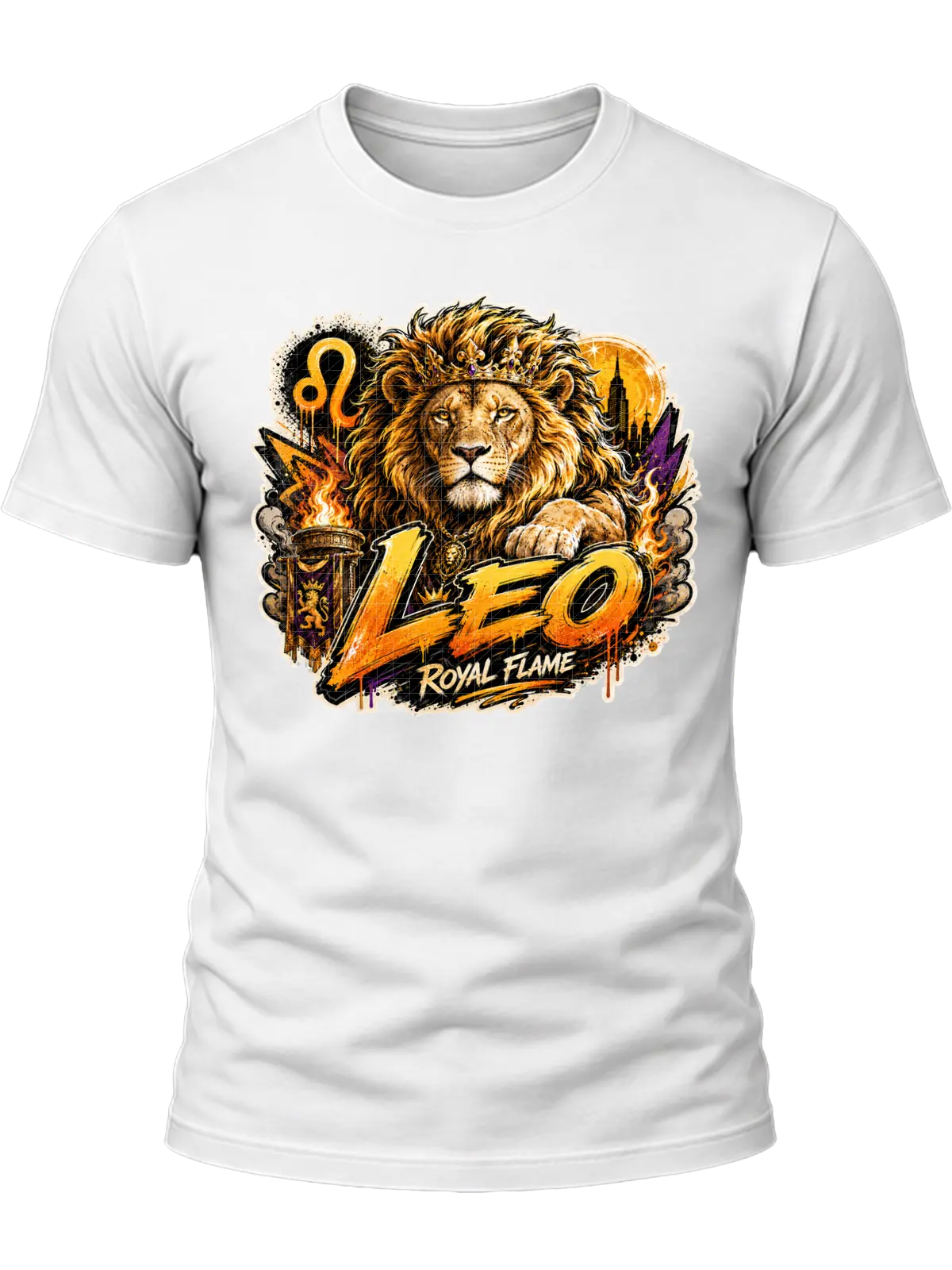 Leo Royal Flame Zodiac Shirt design with crowned lion, orange flames, Leo glyph, dark city details, and gold-orange graffiti text