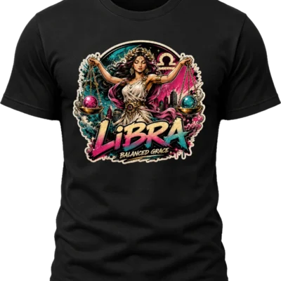 Libra Balanced Grace Zodiac Shirt design with woman holding balance scales, pink and teal orbs, Libra glyph, city skyline, and graffiti text