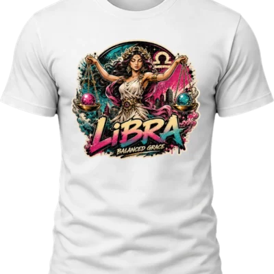 Libra Balanced Grace Zodiac Shirt design with woman holding balance scales, pink and teal orbs, Libra glyph, city skyline, and graffiti text