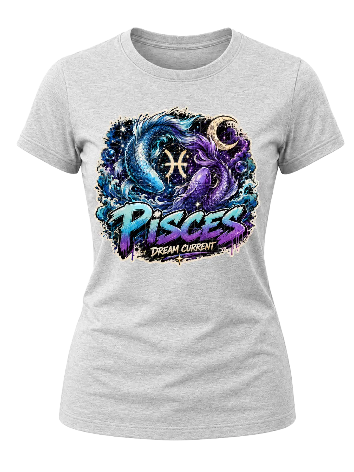 Pisces Dream Current Zodiac Shirt design with two circling fish, blue waves, crescent moon, Pisces glyph, stars, and blue-purple graffiti text