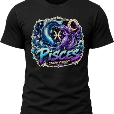 Pisces Dream Current Zodiac Shirt design with two circling fish, blue waves, crescent moon, Pisces glyph, stars, and blue-purple graffiti text