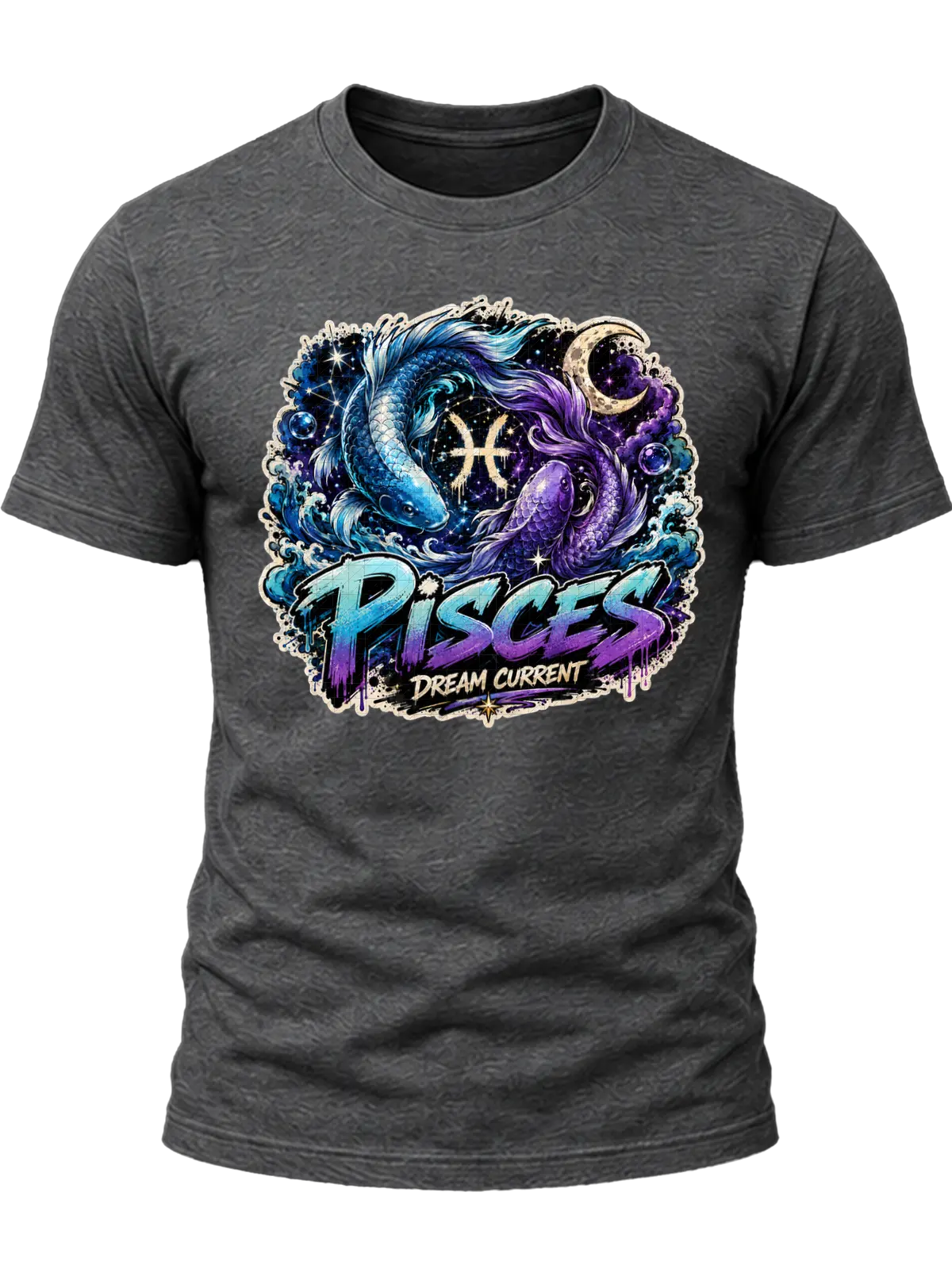 Pisces Dream Current Zodiac Shirt design with two circling fish, blue waves, crescent moon, Pisces glyph, stars, and blue-purple graffiti text