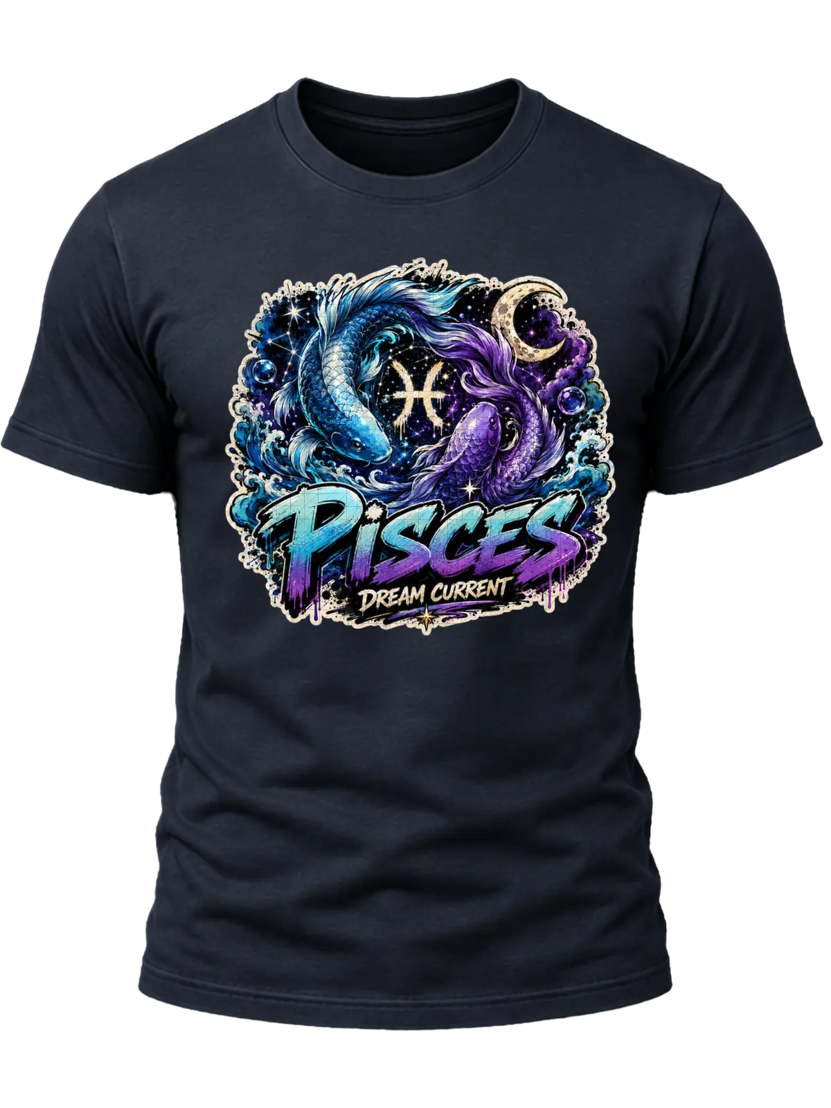 Pisces Dream Current Zodiac Shirt design with two circling fish, blue waves, crescent moon, Pisces glyph, stars, and blue-purple graffiti text
