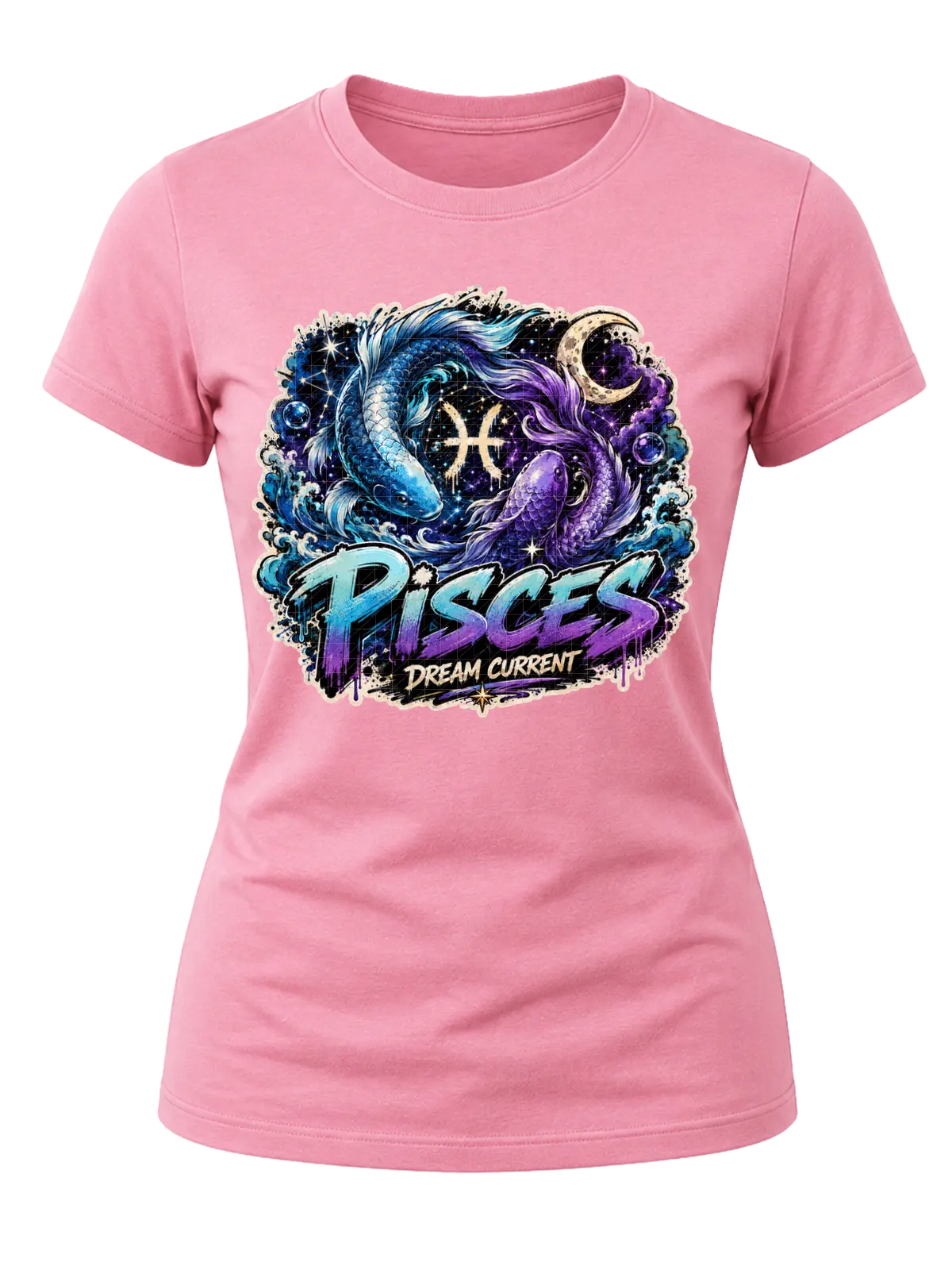 Pisces Dream Current Zodiac Shirt design with two circling fish, blue waves, crescent moon, Pisces glyph, stars, and blue-purple graffiti text