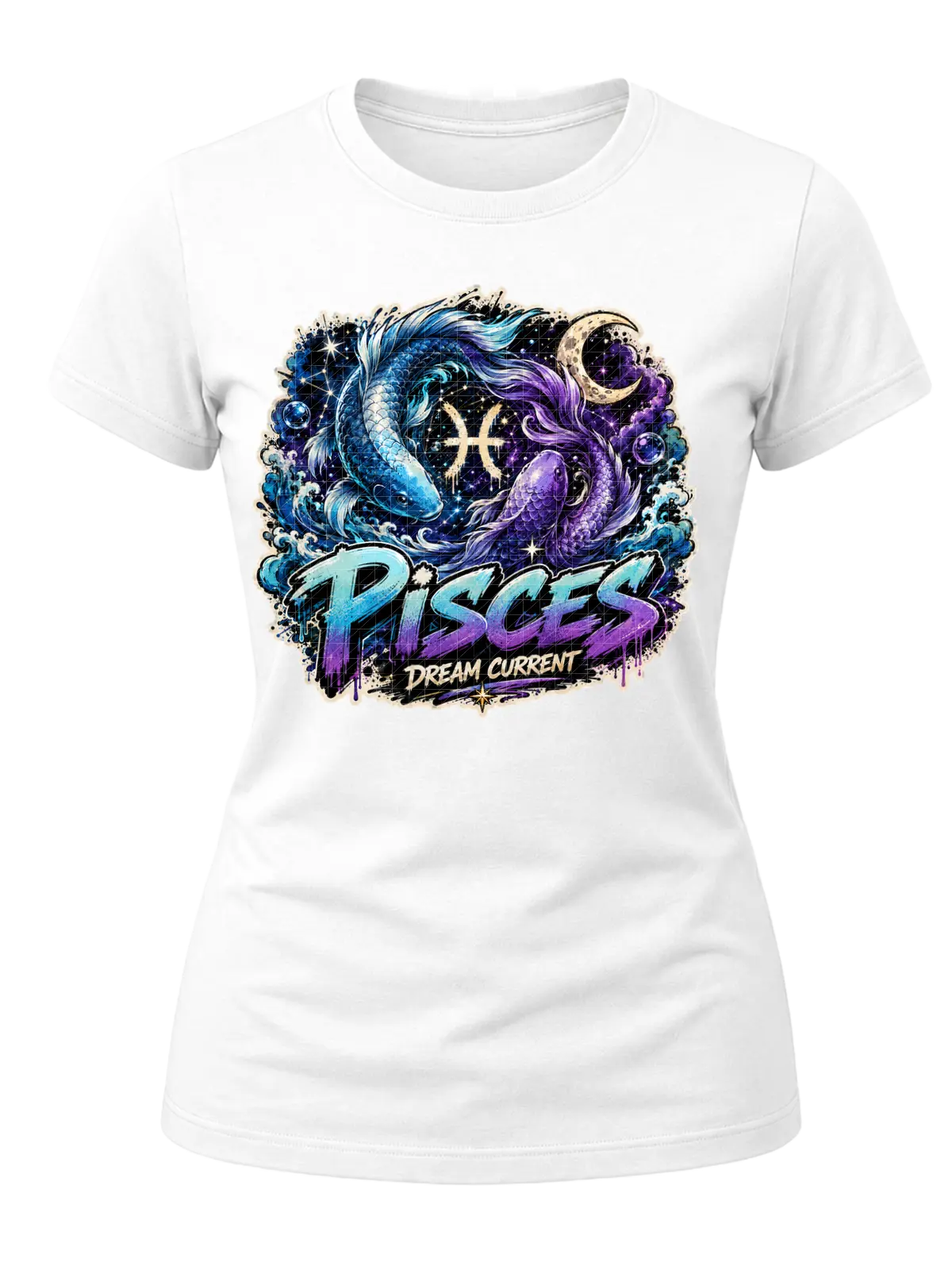 Pisces Dream Current Zodiac Shirt design with two circling fish, blue waves, crescent moon, Pisces glyph, stars, and blue-purple graffiti text