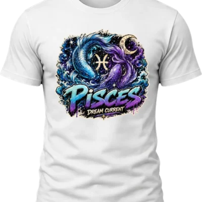 Pisces Dream Current Zodiac Shirt design with two circling fish, blue waves, crescent moon, Pisces glyph, stars, and blue-purple graffiti text