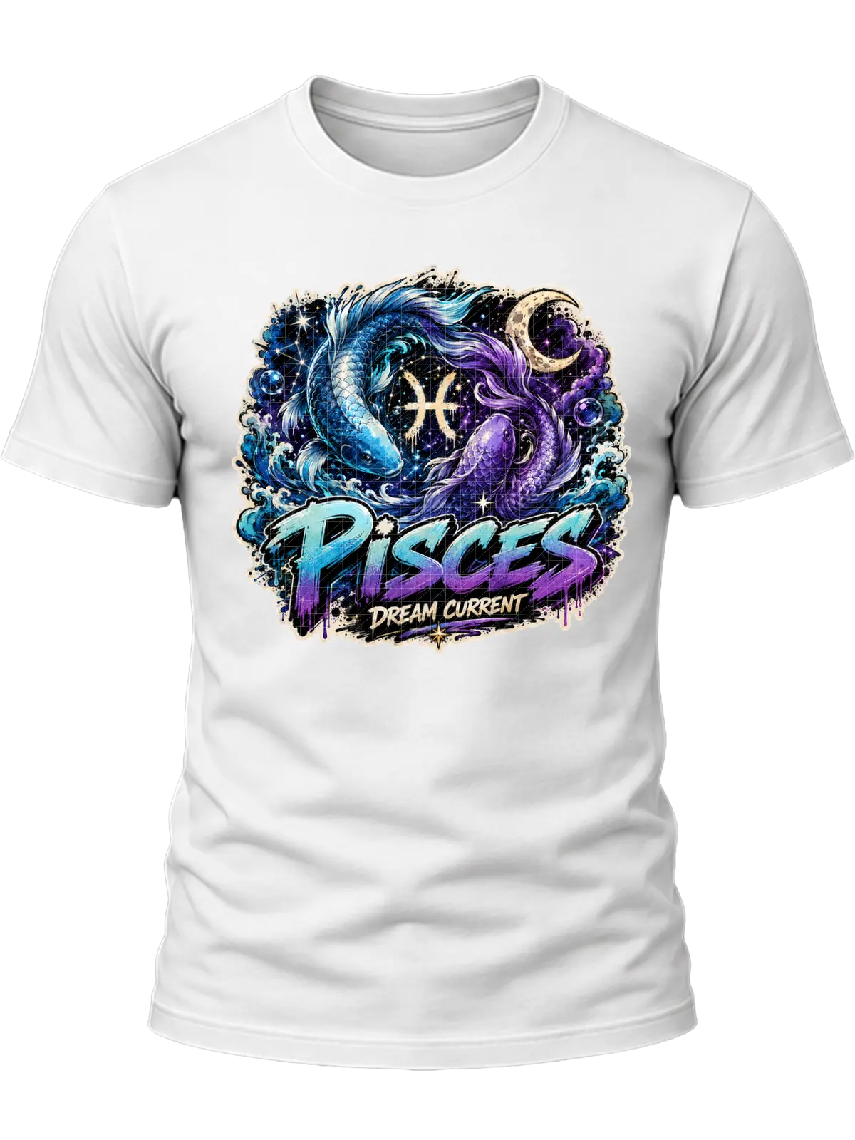 Pisces Dream Current Zodiac Shirt design with two circling fish, blue waves, crescent moon, Pisces glyph, stars, and blue-purple graffiti text