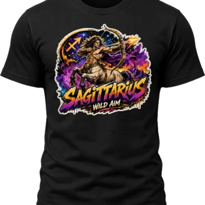 Sagittarius Wild Aim Zodiac Shirt design with centaur archer drawing a bow, Sagittarius glyph, starry space, purple clouds, and graffiti text