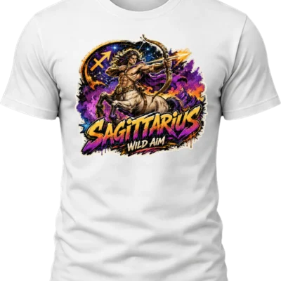 Sagittarius Wild Aim Zodiac Shirt design with centaur archer drawing a bow, Sagittarius glyph, starry space, purple clouds, and graffiti text