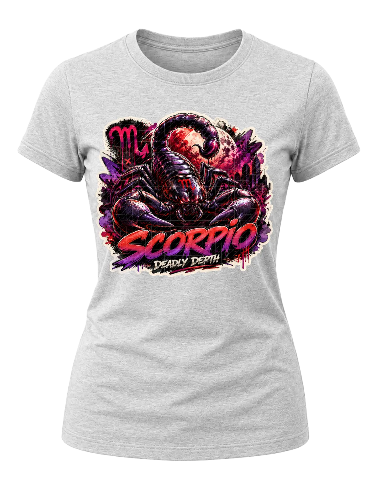 Scorpio Deadly Depth Zodiac Shirt design with large black scorpion, red moon, Scorpio glyphs, dark city skyline, and red-purple graffiti text