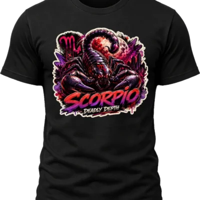 Scorpio Deadly Depth Zodiac Shirt design with large black scorpion, red moon, Scorpio glyphs, dark city skyline, and red-purple graffiti text