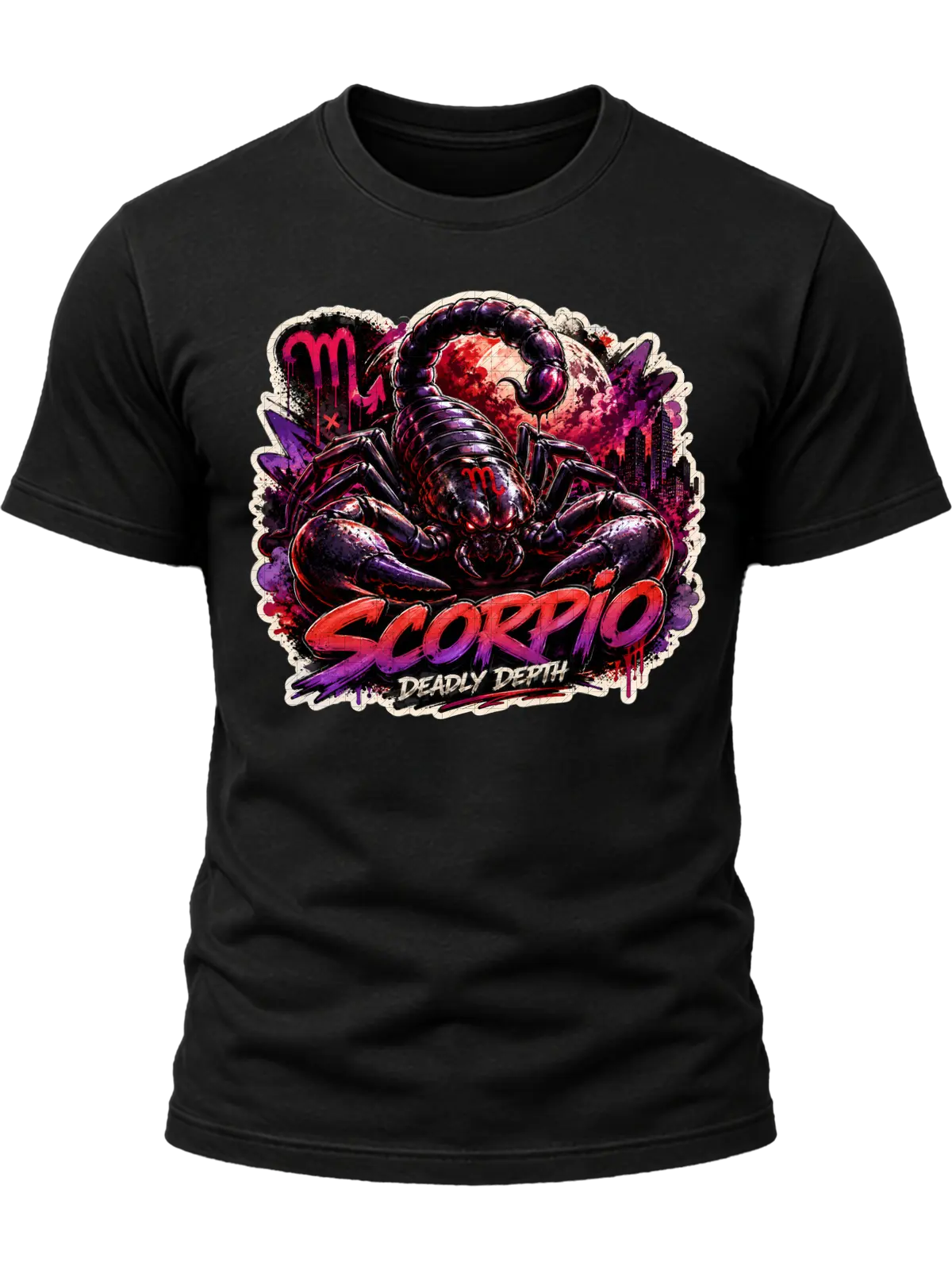 Scorpio Deadly Depth Zodiac Shirt design with large black scorpion, red moon, Scorpio glyphs, dark city skyline, and red-purple graffiti text