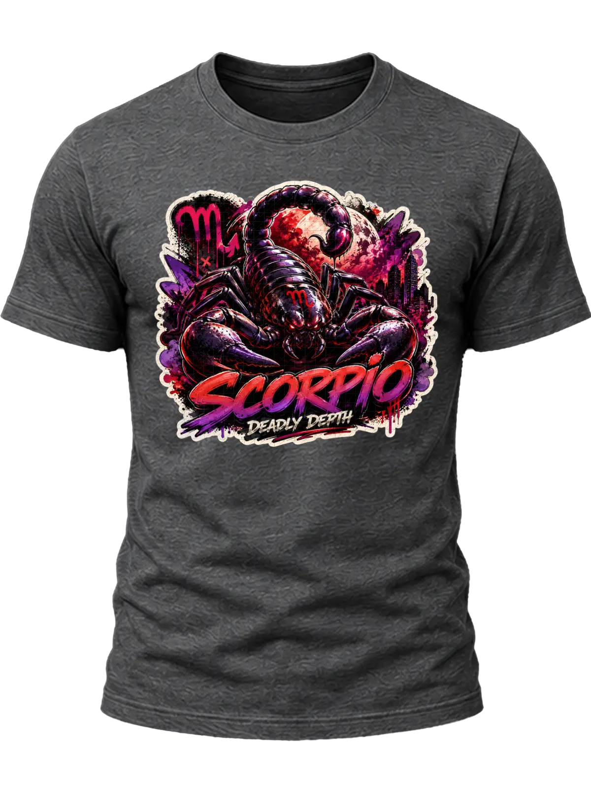 Scorpio Deadly Depth Zodiac Shirt design with large black scorpion, red moon, Scorpio glyphs, dark city skyline, and red-purple graffiti text