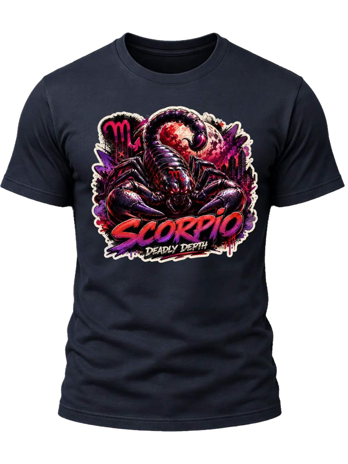 Scorpio Deadly Depth Zodiac Shirt design with large black scorpion, red moon, Scorpio glyphs, dark city skyline, and red-purple graffiti text