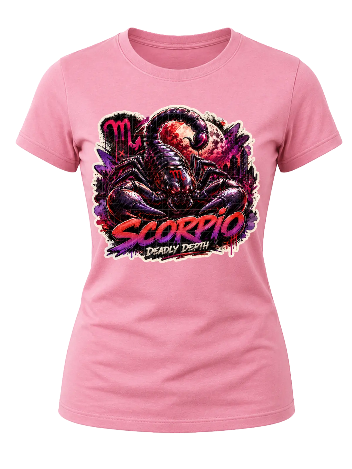 Scorpio Deadly Depth Zodiac Shirt design with large black scorpion, red moon, Scorpio glyphs, dark city skyline, and red-purple graffiti text