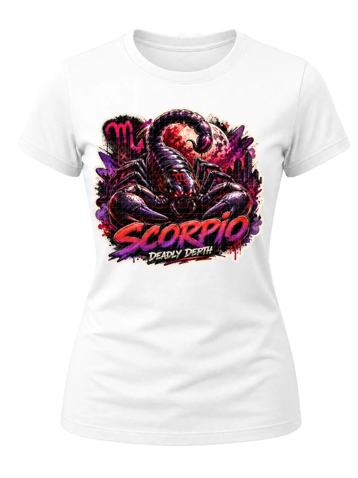 Scorpio Deadly Depth Zodiac Shirt design with large black scorpion, red moon, Scorpio glyphs, dark city skyline, and red-purple graffiti text