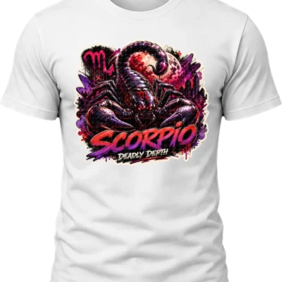 Scorpio Deadly Depth Zodiac Shirt design with large black scorpion, red moon, Scorpio glyphs, dark city skyline, and red-purple graffiti text