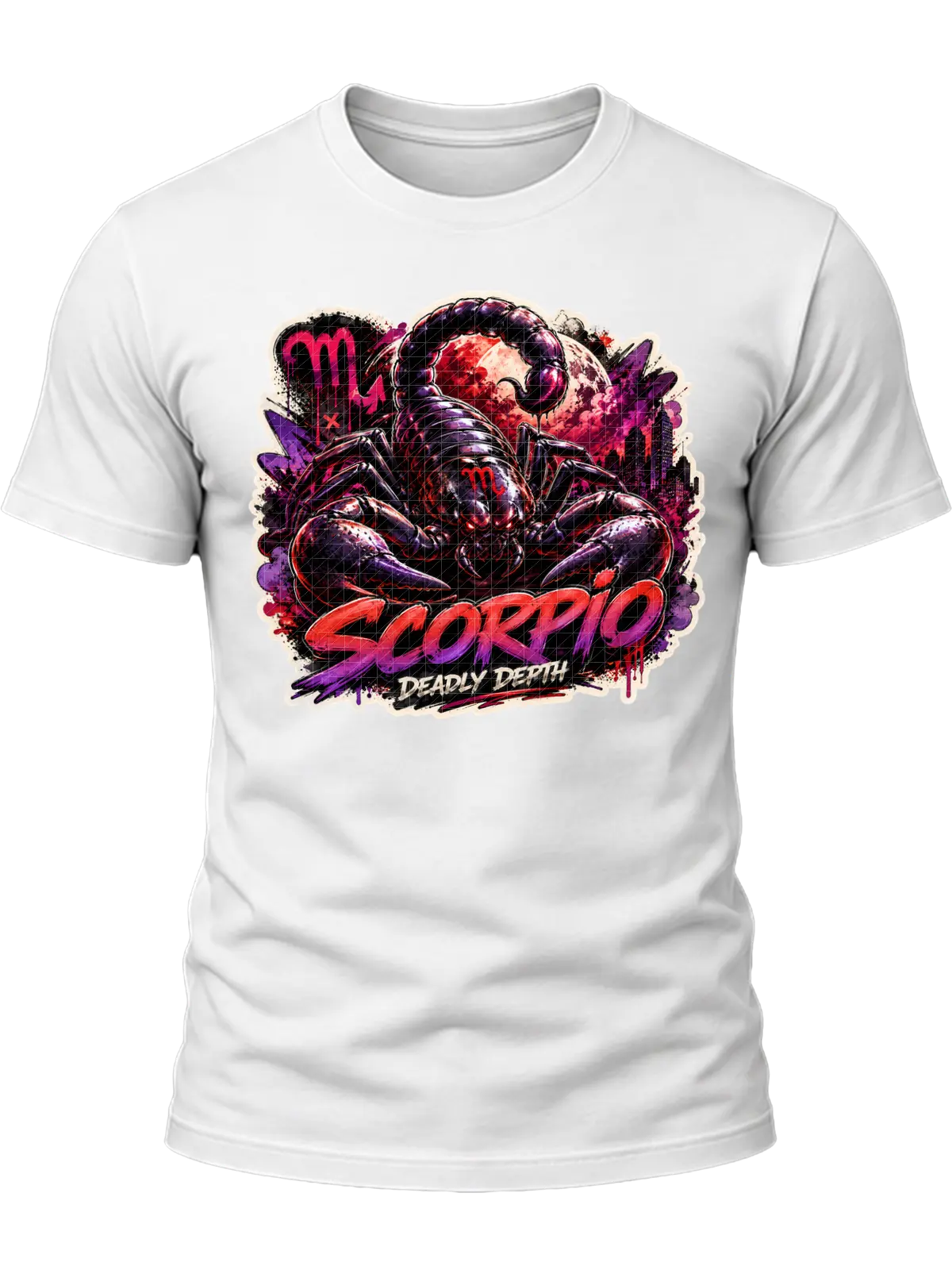Scorpio Deadly Depth Zodiac Shirt design with large black scorpion, red moon, Scorpio glyphs, dark city skyline, and red-purple graffiti text