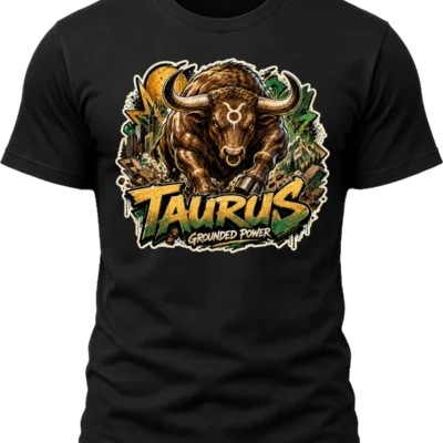 Taurus Grounded Power Zodiac Shirt design with charging brown bull, Taurus glyph, horns, rugged landscape, green accents, and gold graffiti text
