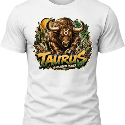Taurus Grounded Power Zodiac Shirt design with charging brown bull, Taurus glyph, horns, rugged landscape, green accents, and gold graffiti text