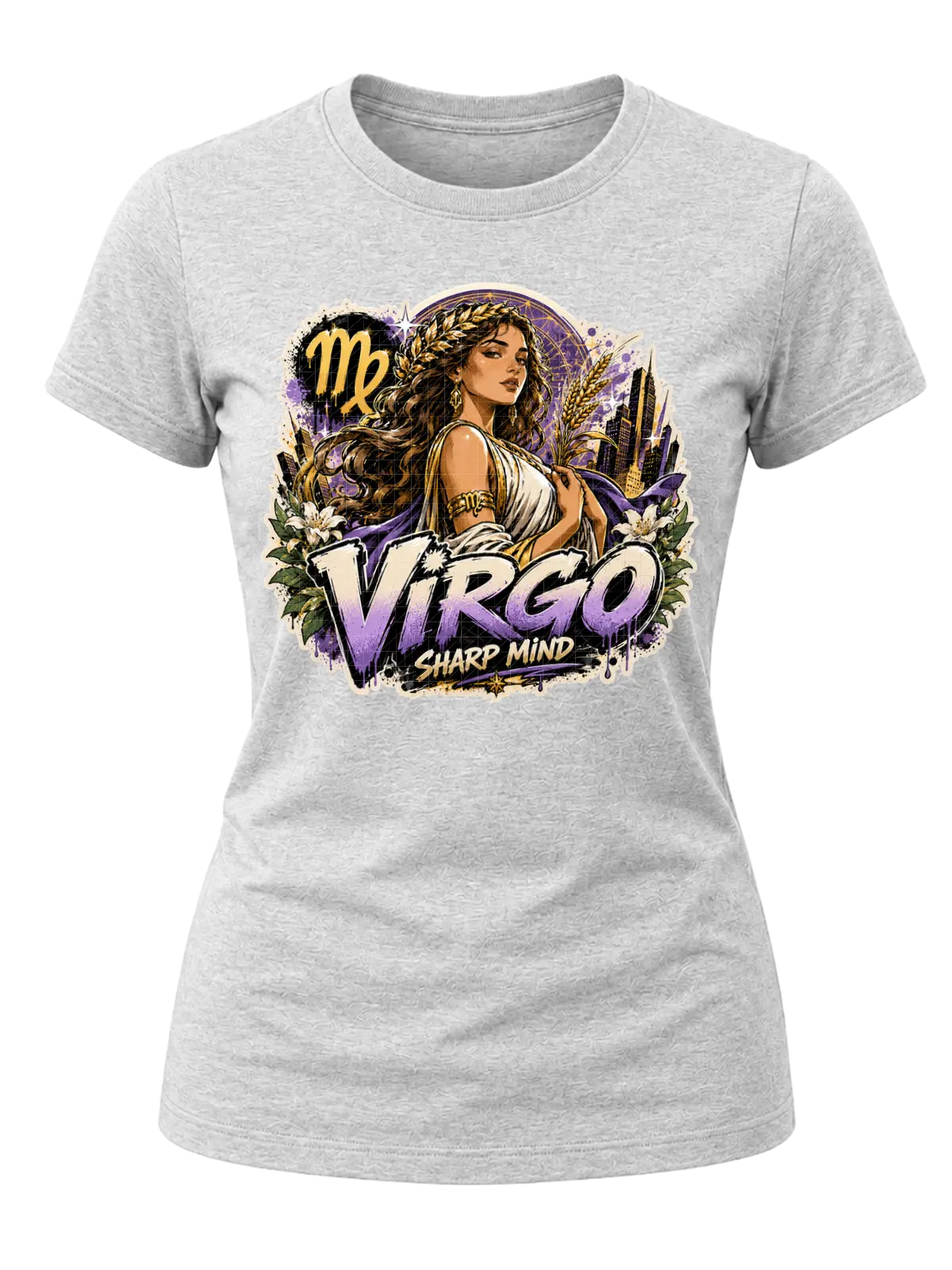 Virgo Sharp Mind Zodiac Shirt design with elegant maiden, Virgo glyph, flowers, wheat-like botanical details, city skyline, and purple-gold graffiti text