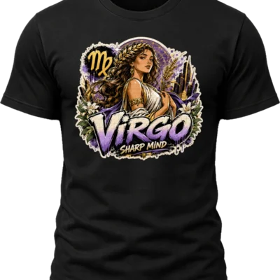 Virgo Sharp Mind Zodiac Shirt design with elegant maiden, Virgo glyph, flowers, wheat-like botanical details, city skyline, and purple-gold graffiti text
