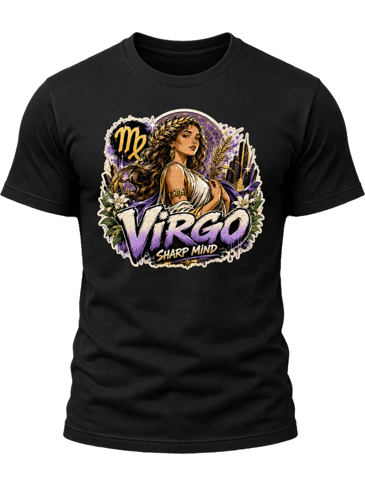 Virgo Sharp Mind Zodiac Shirt design with elegant maiden, Virgo glyph, flowers, wheat-like botanical details, city skyline, and purple-gold graffiti text