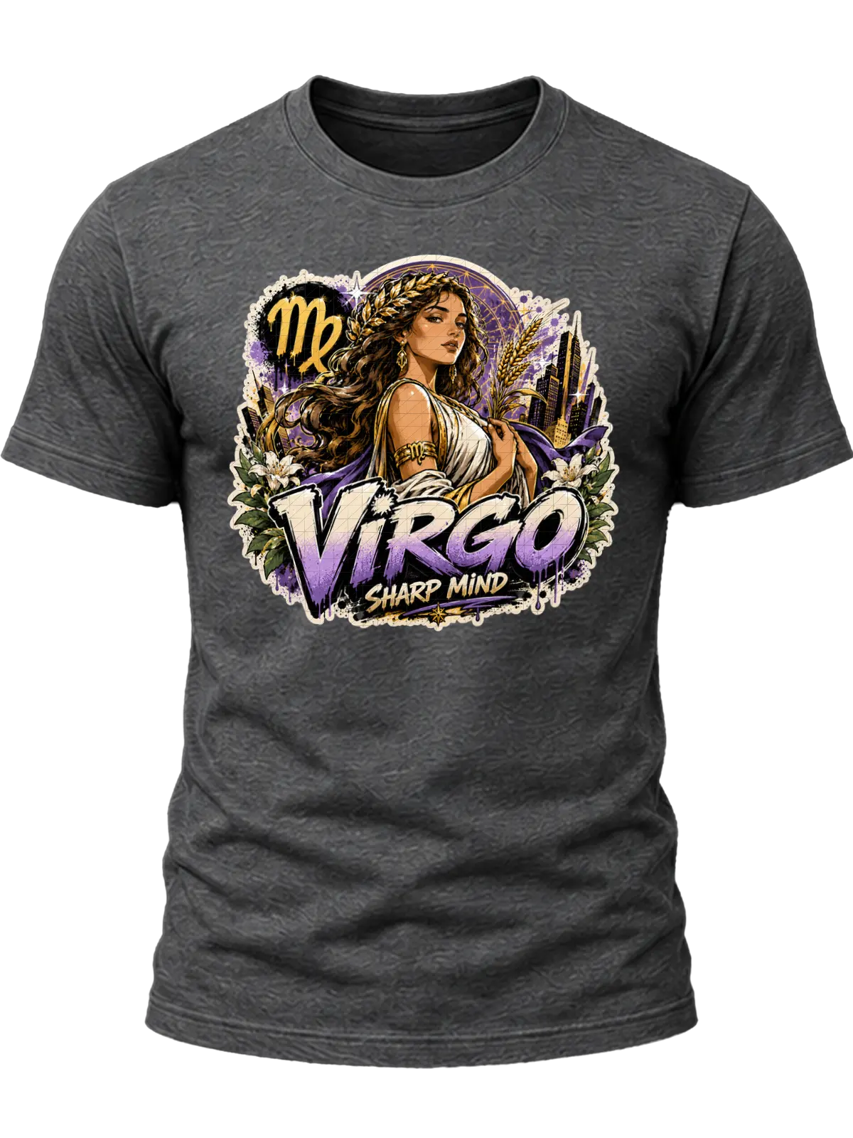 Virgo Sharp Mind Zodiac Shirt design with elegant maiden, Virgo glyph, flowers, wheat-like botanical details, city skyline, and purple-gold graffiti text