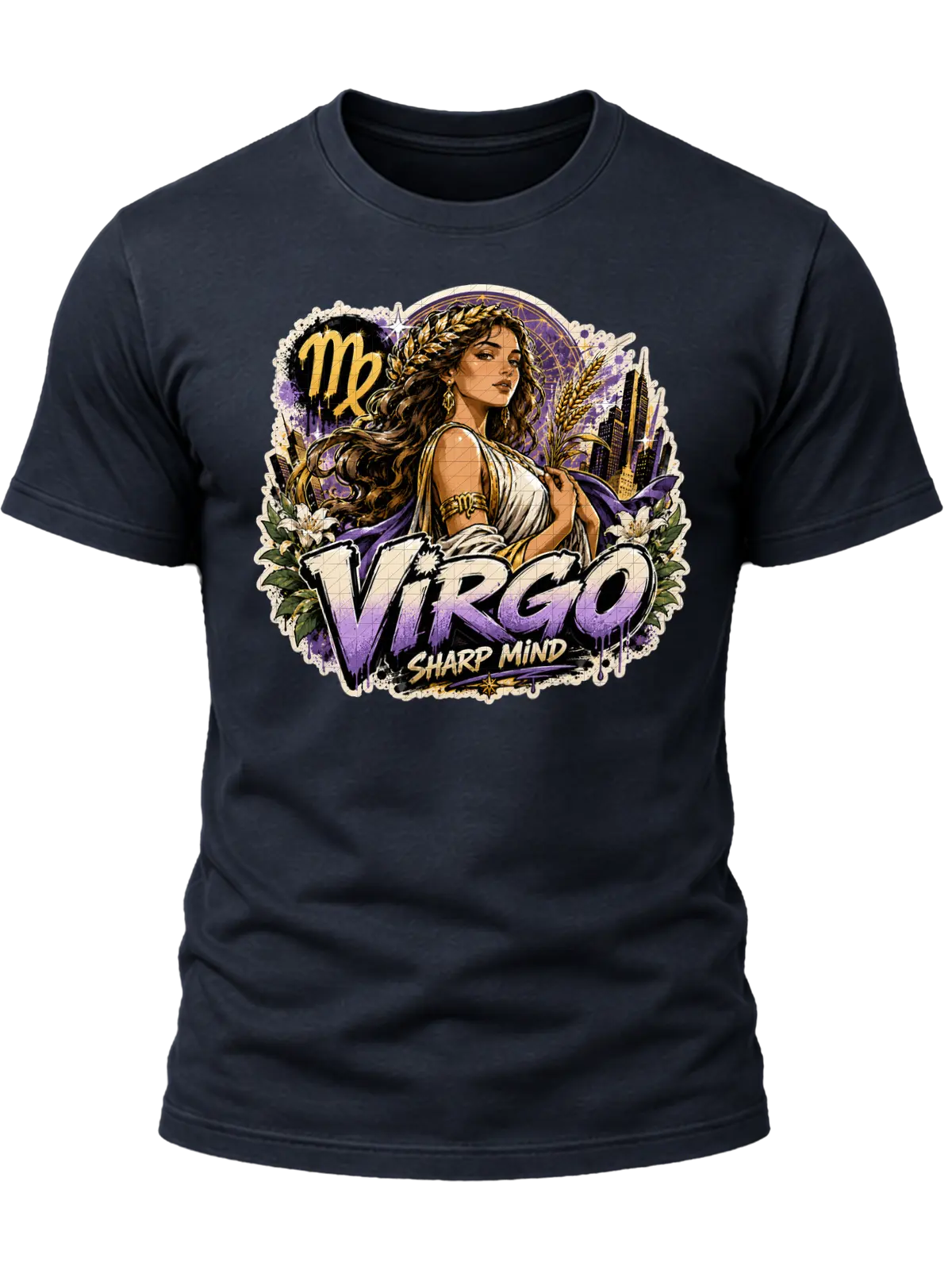 Virgo Sharp Mind Zodiac Shirt design with elegant maiden, Virgo glyph, flowers, wheat-like botanical details, city skyline, and purple-gold graffiti text