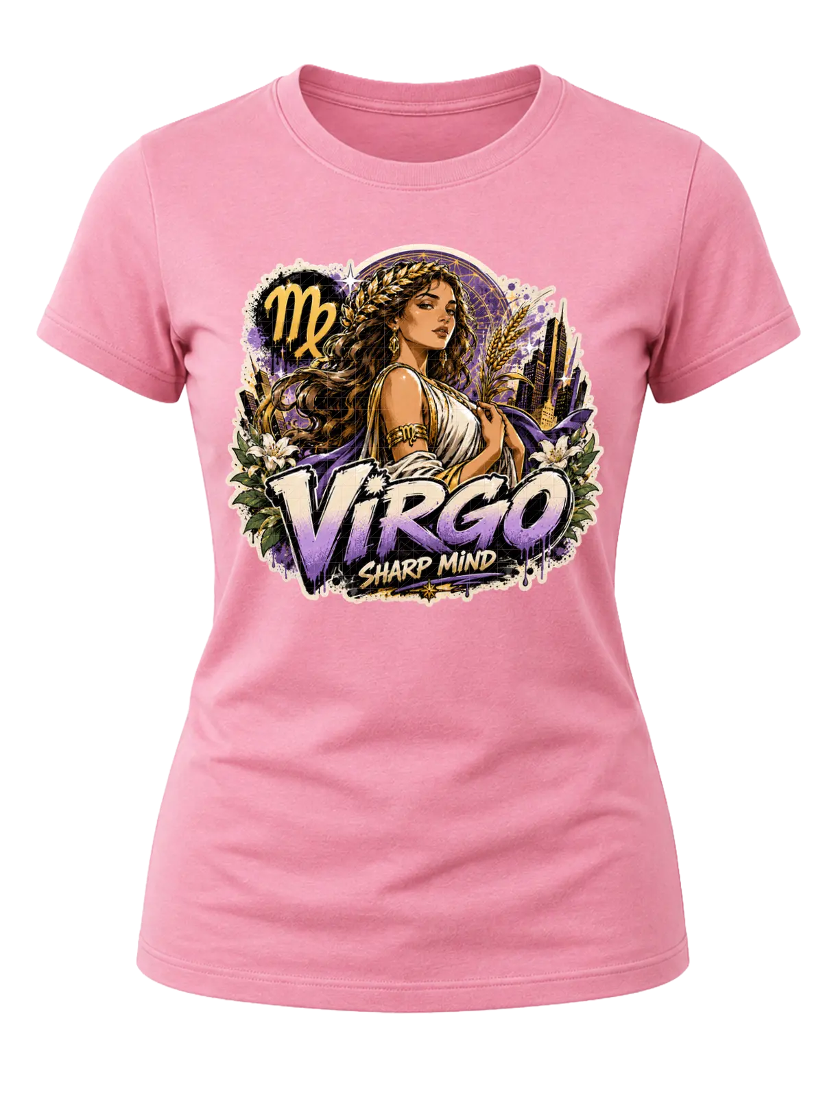 Virgo Sharp Mind Zodiac Shirt design with elegant maiden, Virgo glyph, flowers, wheat-like botanical details, city skyline, and purple-gold graffiti text