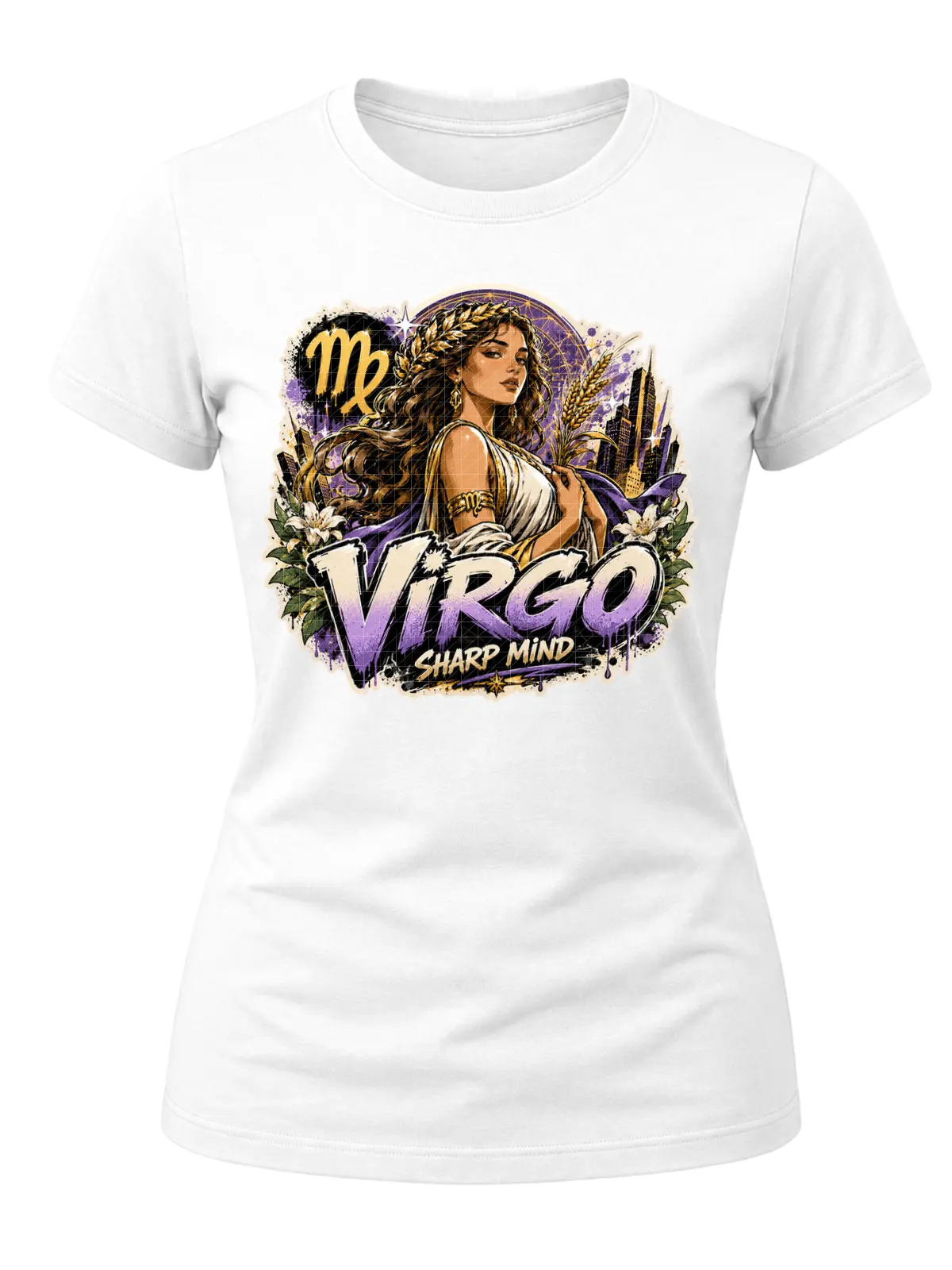 Virgo Sharp Mind Zodiac Shirt design with elegant maiden, Virgo glyph, flowers, wheat-like botanical details, city skyline, and purple-gold graffiti text