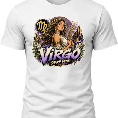 Virgo Sharp Mind Zodiac Shirt design with elegant maiden, Virgo glyph, flowers, wheat-like botanical details, city skyline, and purple-gold graffiti text