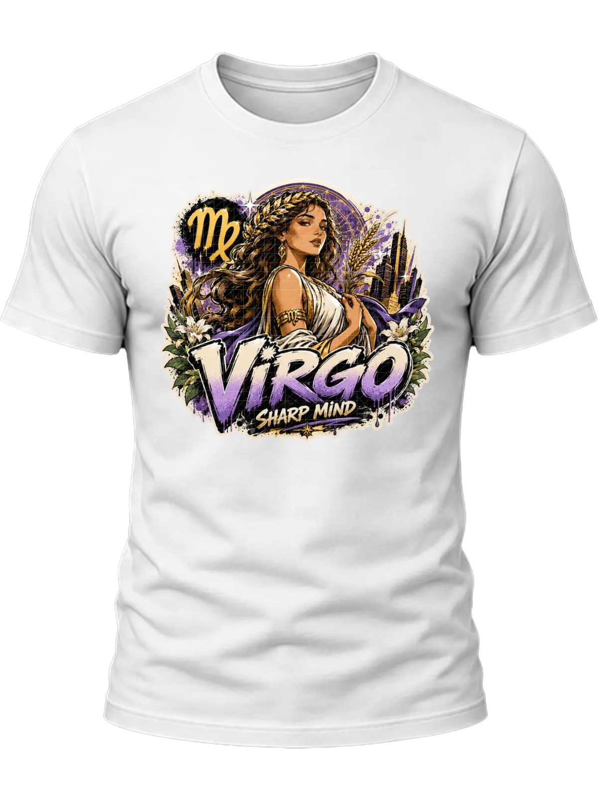 Virgo Sharp Mind Zodiac Shirt design with elegant maiden, Virgo glyph, flowers, wheat-like botanical details, city skyline, and purple-gold graffiti text