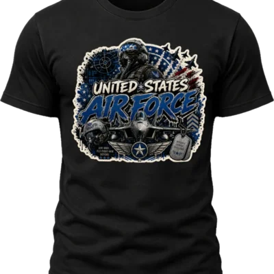 United States Air Force Shirt design with fighter pilot, multiple jets, radar graphics, American flag elements, flight helmet, dog tags, wings, and blue lettering.